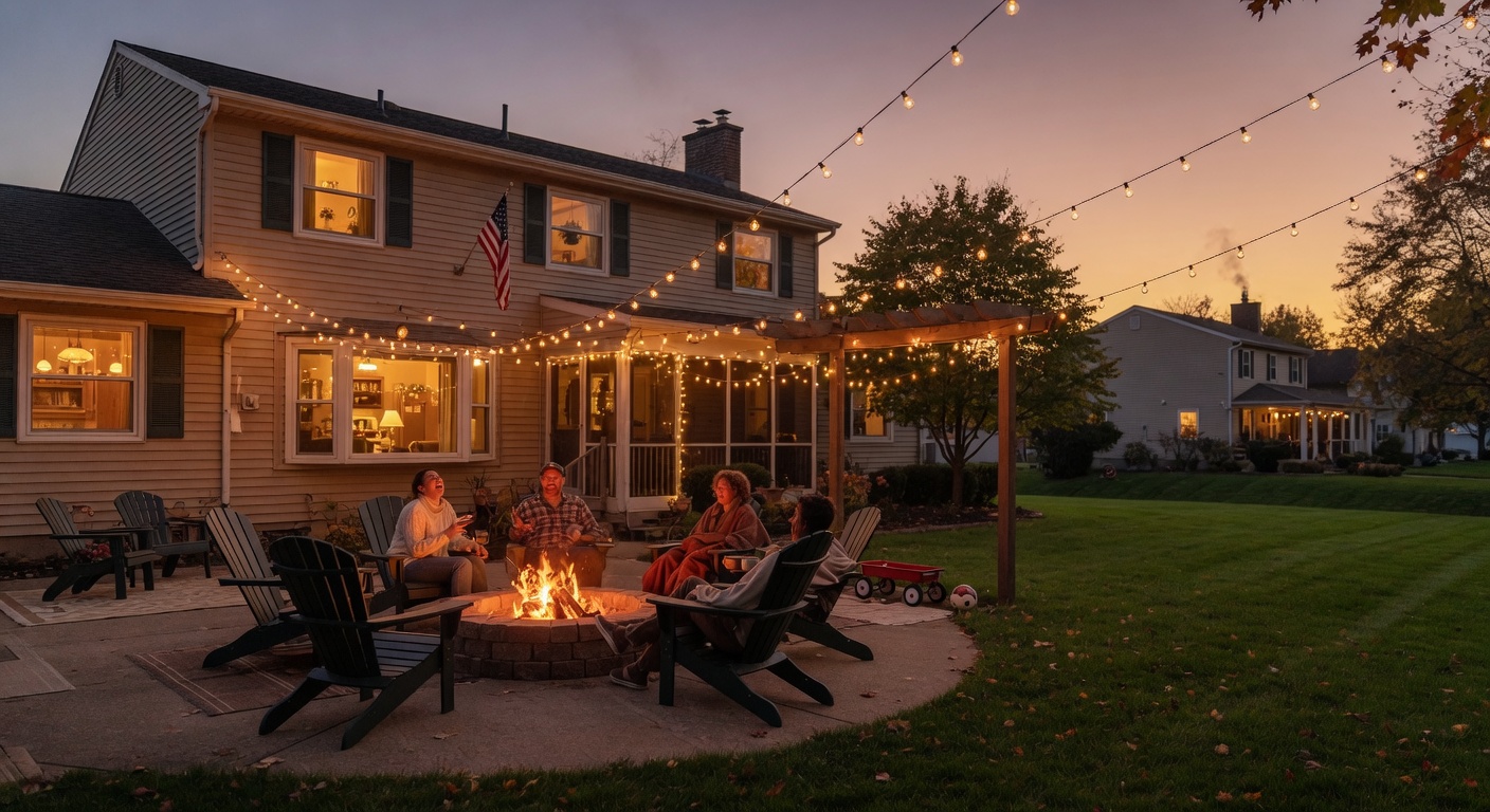 Cozy backyard patio with string lights and firepit