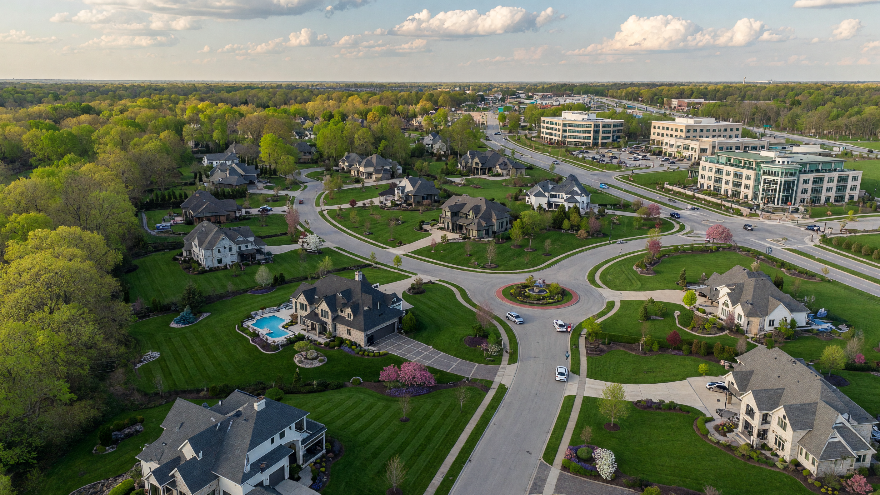 Aerial view of tree-lined suburban neighborhood in Hamilton County Indiana