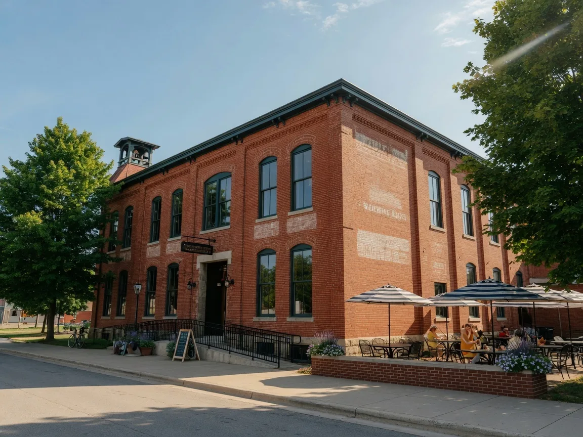 Moontown Brewing Company in Whitestown Indiana — a beautifully restored historic school building with red brick exterior, arched windows, and a welcoming brewery patio on a summer afternoon