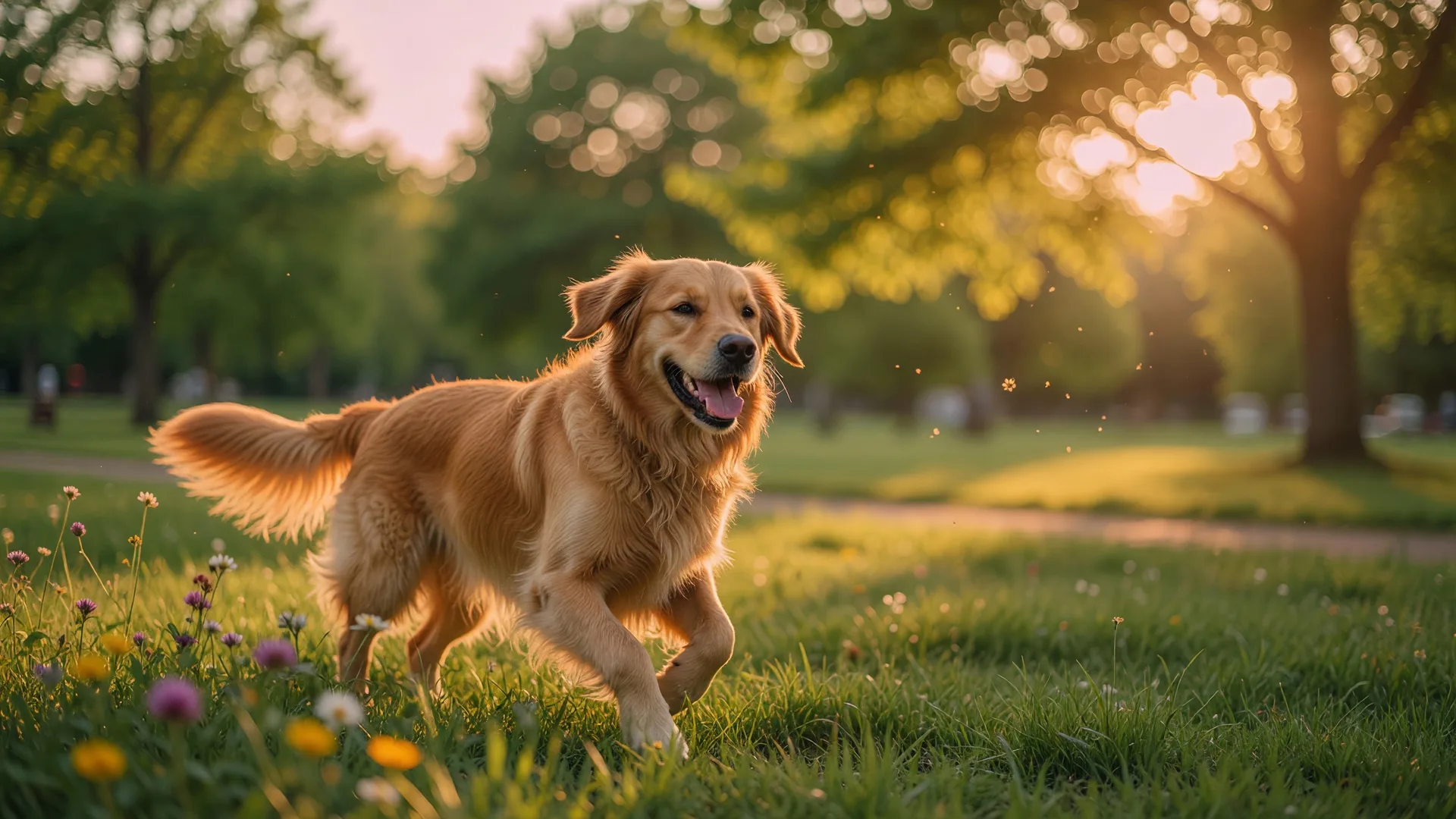 A happy golden retriever running through a sunlit park