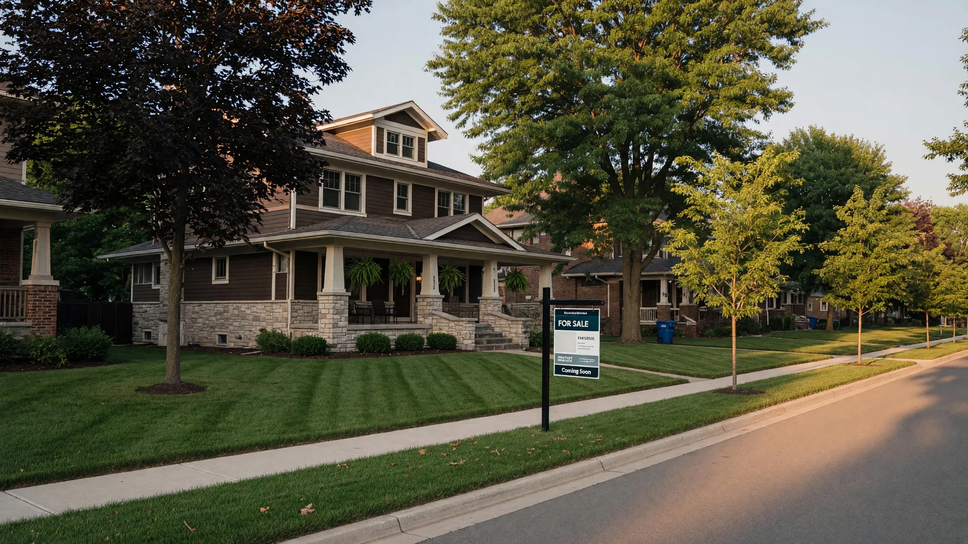 Suburban craftsman-style home in a Hamilton County Indiana neighborhood with a For Sale sign, manicured lawn, and mature shade trees on a summer afternoon