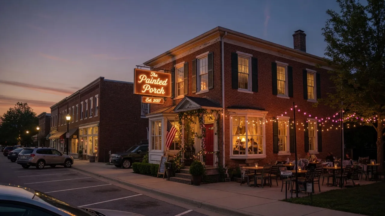 The Italian House on Park restaurant in Westfield Indiana — a charming converted house with warm glowing windows, string lights over the outdoor patio, and an inviting evening atmosphere