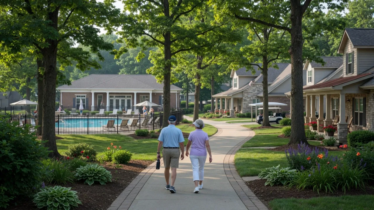 Active adults walking along a tree-lined trail in a 55+ community in suburban Indiana