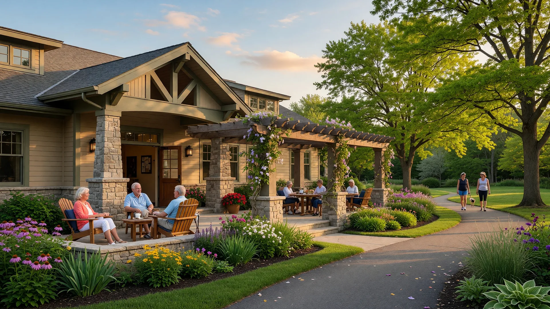 Lifestyle clubhouse and landscaped common area at a 55+ active adult community in Hamilton County Indiana