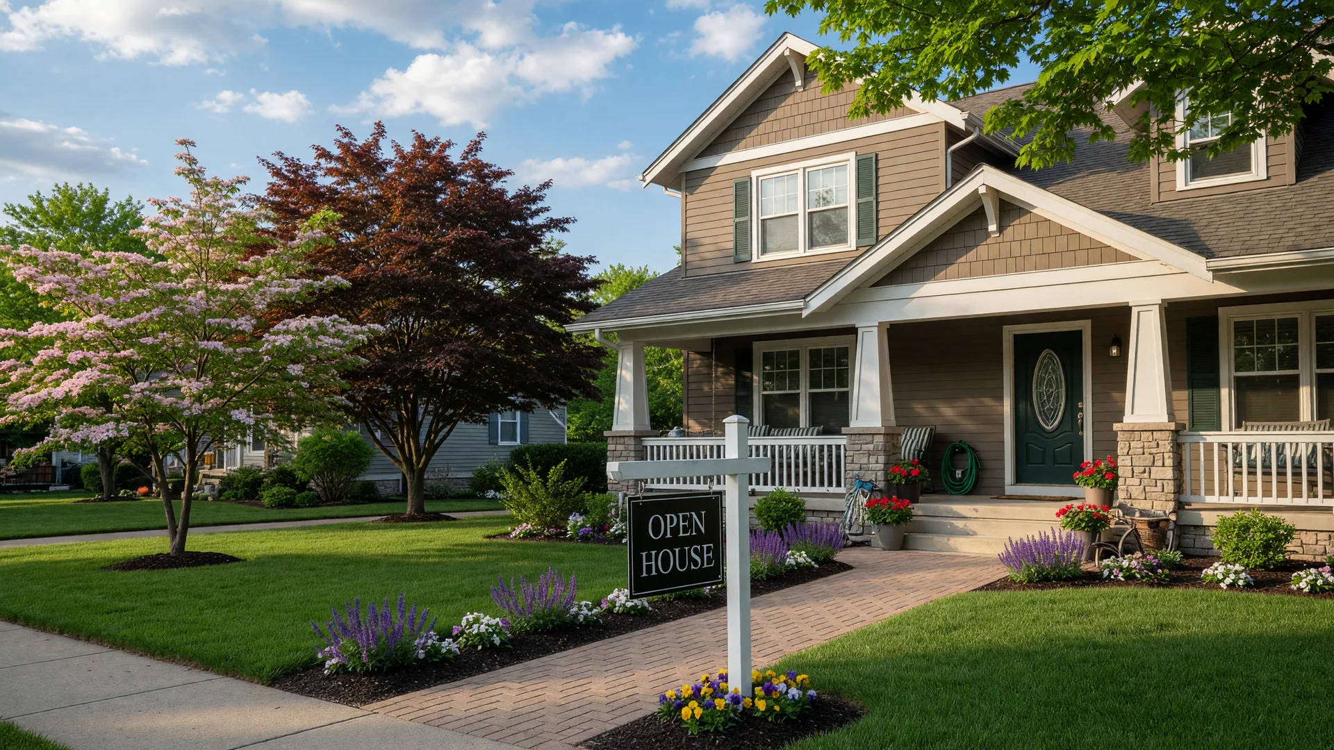 A welcoming suburban home with an open house sign on a sunny Saturday morning