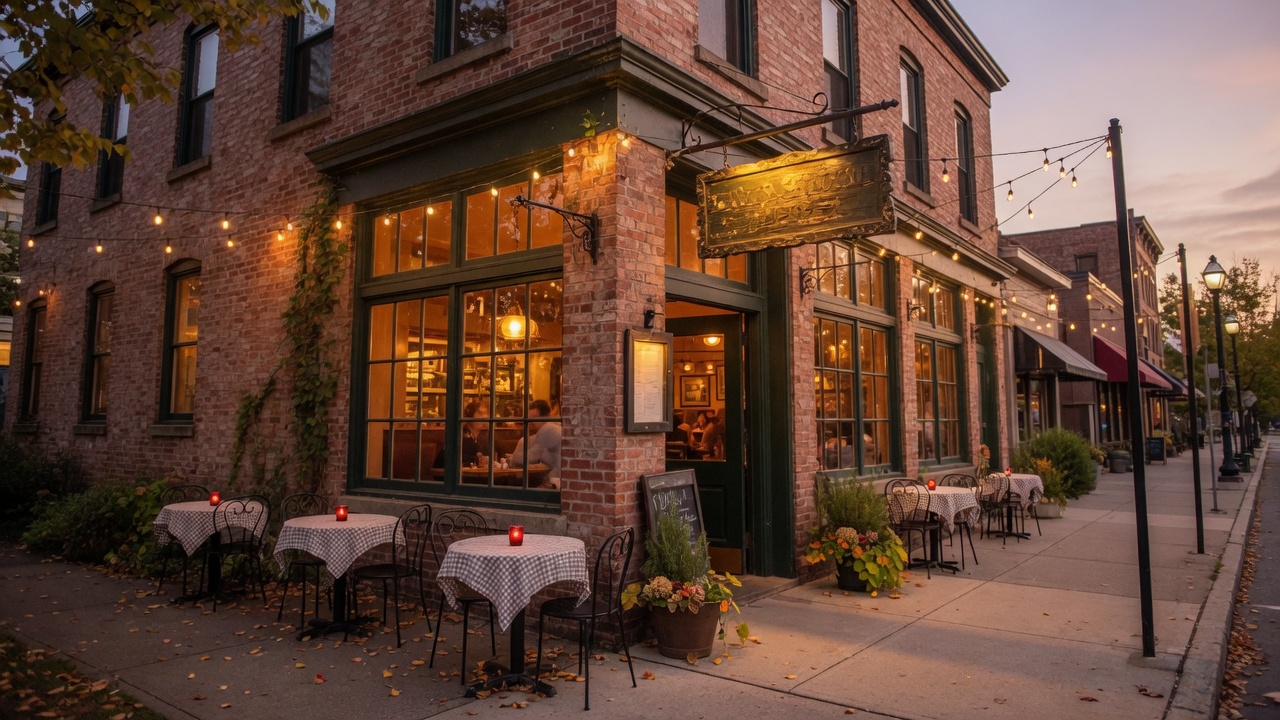 Grindstone Public House, a historic restaurant in downtown Noblesville Indiana with warm evening ambiance
