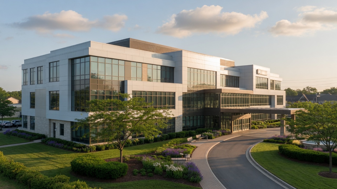 Modern hospital exterior in suburban Hamilton County Indiana