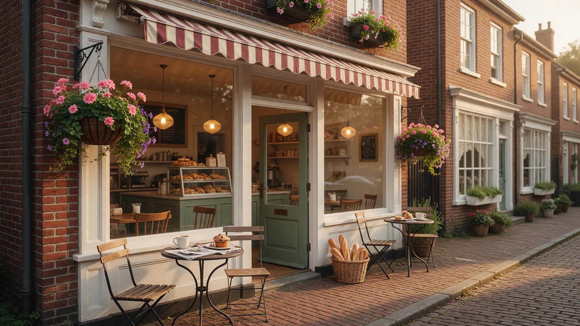 Rosie's Place bakery and café on Zionsville's charming brick-paved Main Street — a warm, inviting storefront with classic small-town architecture and sidewalk seating