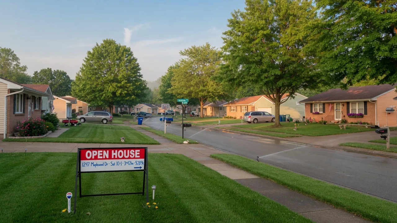 Suburban Indiana residential street with ranch-style homes, manicured lawns, and mature trees on a bright summer morning