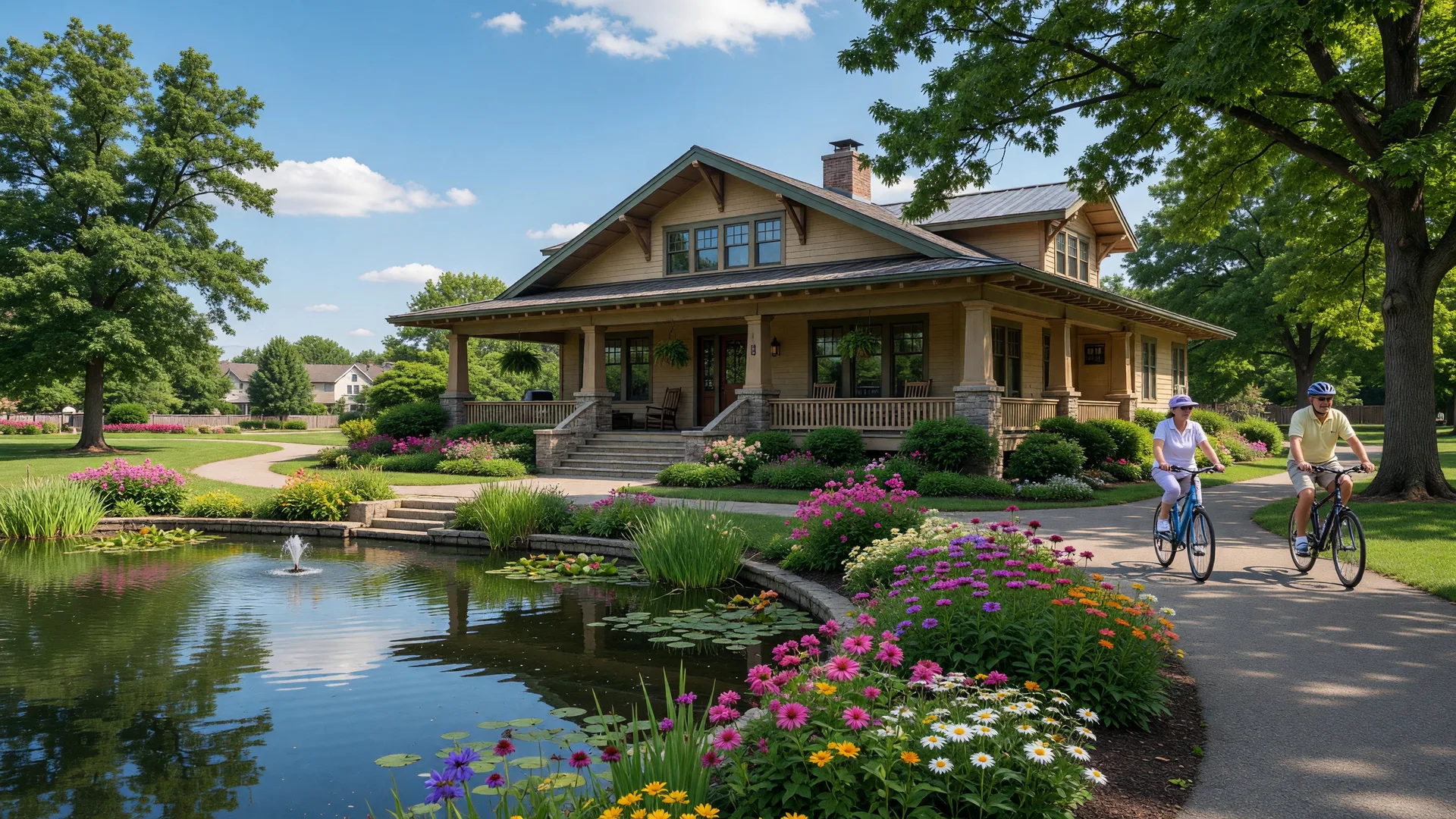 Landscaped entrance of a 55+ active adult community clubhouse in suburban Hamilton County Indiana with walking paths and flowering gardens on a summer day