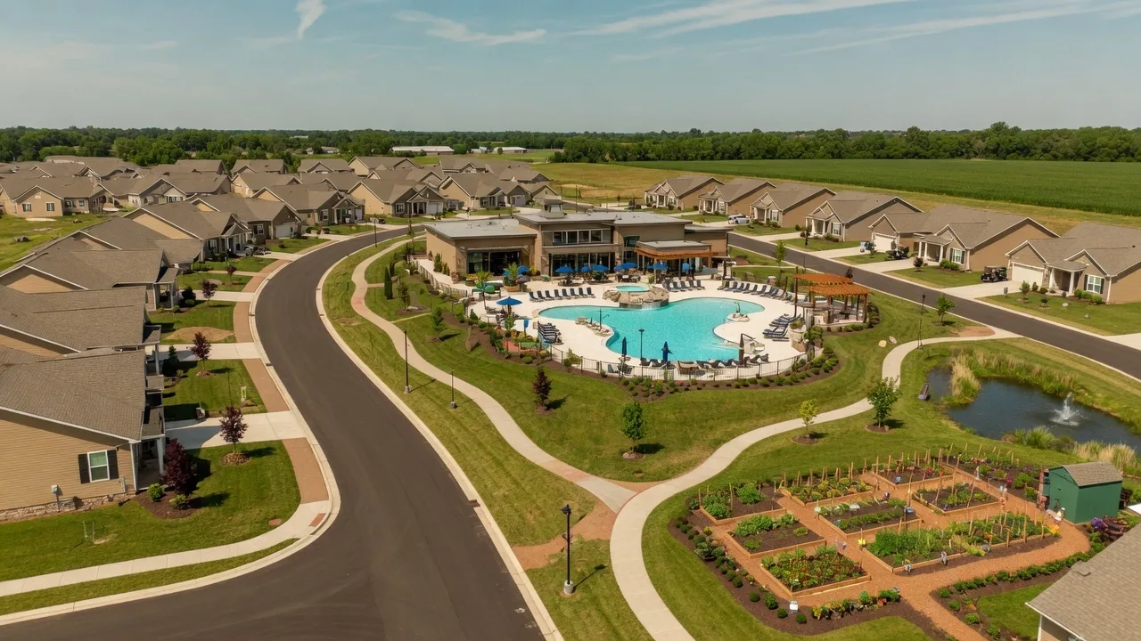 Aerial view of a new 55+ active adult community under construction in suburban Indiana with resort-style amenity center and walking trails