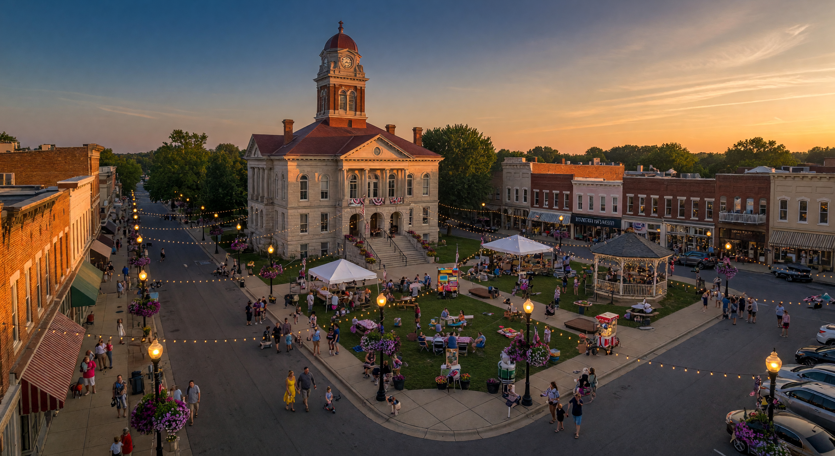 Charming Indiana downtown square with string lights and community atmosphere