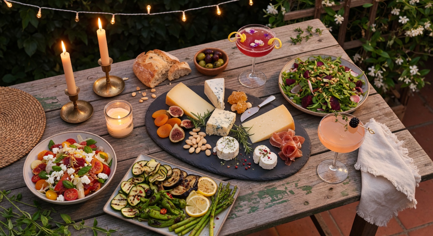 Beautiful outdoor dining spread with craft cocktails and artisan food on a summer evening