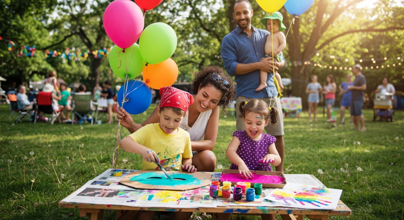 Families enjoying an outdoor community festival with children's activities