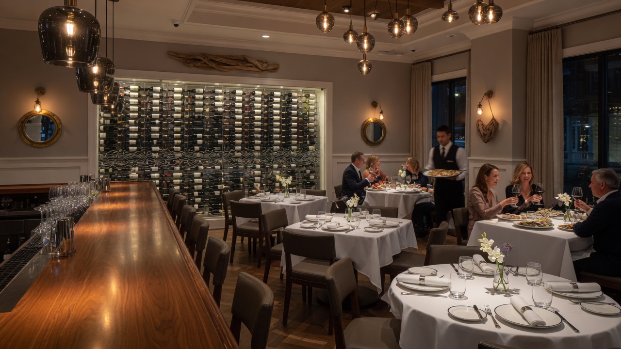 SALT restaurant interior at Carmel City Center — an elegant fine dining seafood destination with warm ambient lighting