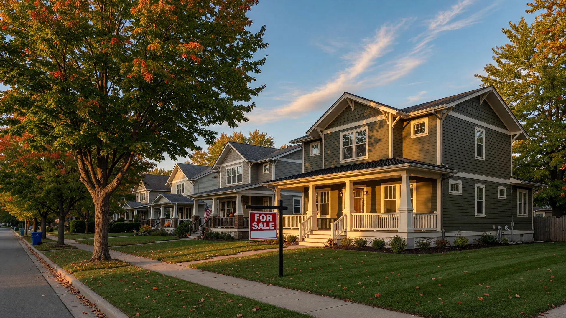Suburban Hamilton County home with for-sale sign in a tree-lined neighborhood during golden hour