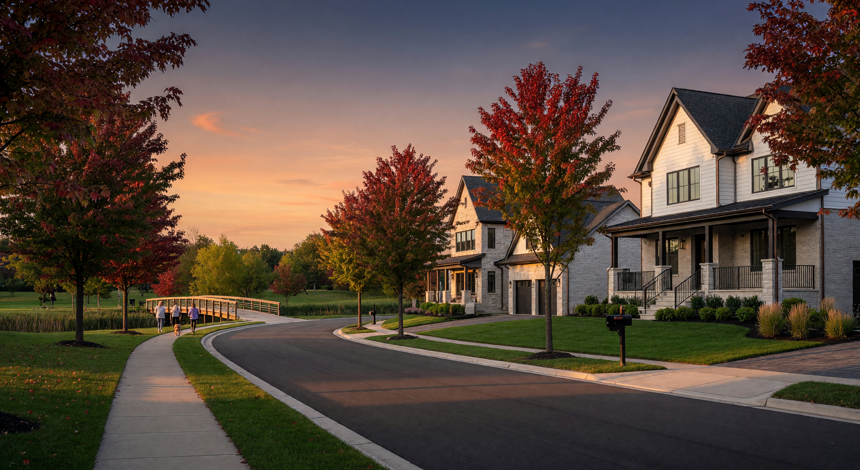 Beautiful sunset over neighborhood in Hamilton County, Indiana