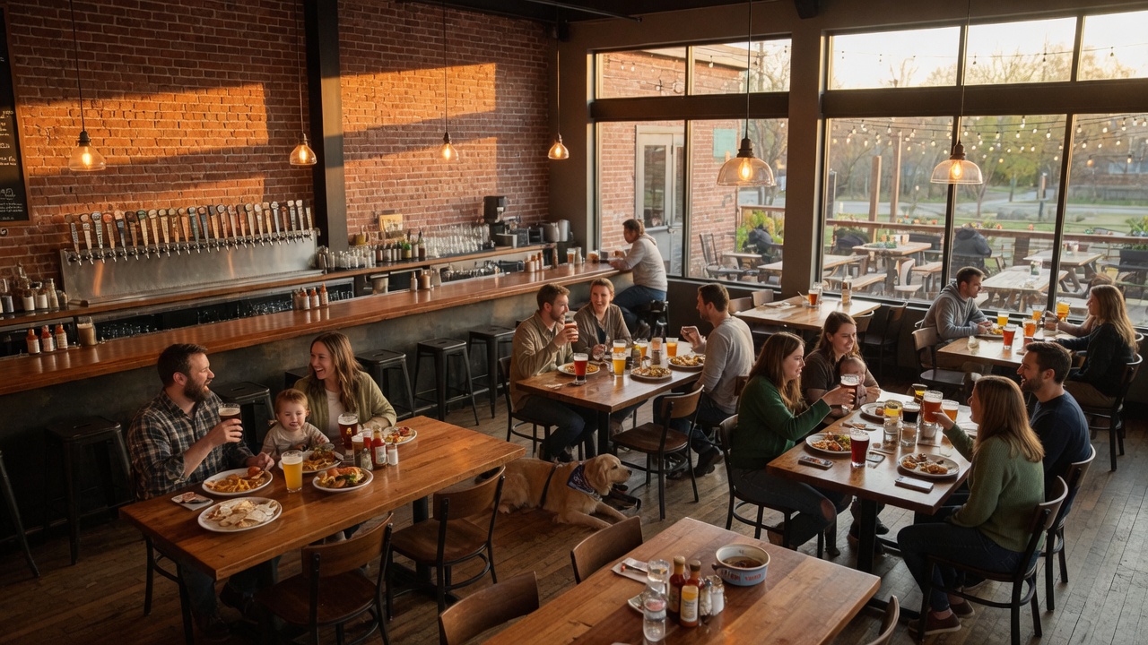 Four Day Ray Brewing interior in Fishers Indiana — a lively craft brewery gastropub with warm pendant lighting, a long tap bar, and a welcoming community atmosphere