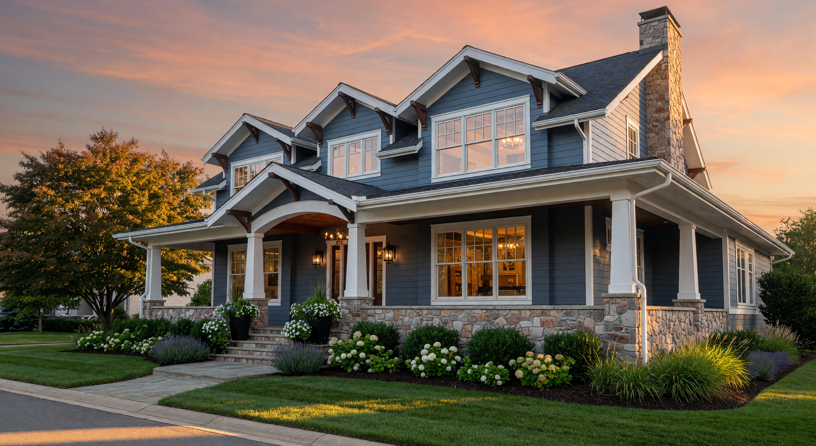 Scenic luxury craftsman-style residence in Avon, Ohio at golden hour