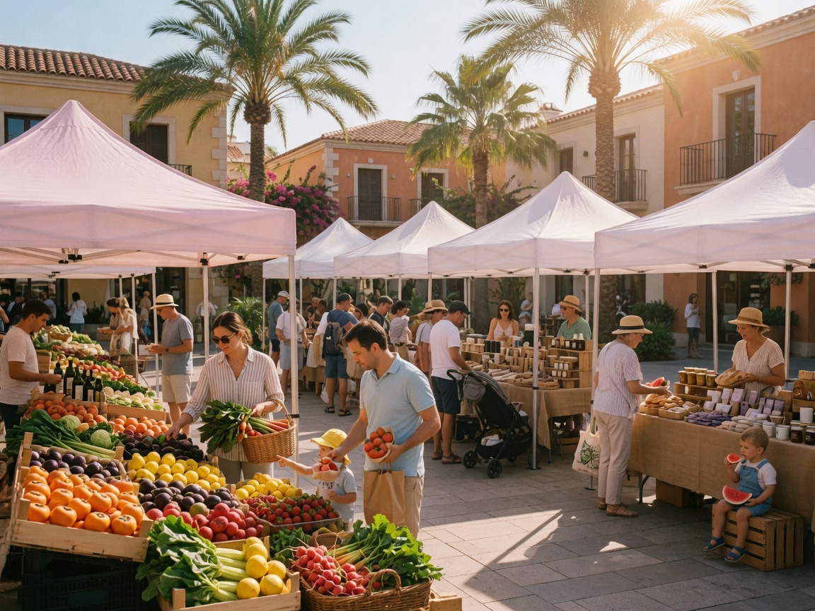 An outdoor farmers market with white canopy tents and shoppers browsing under bright morning sun