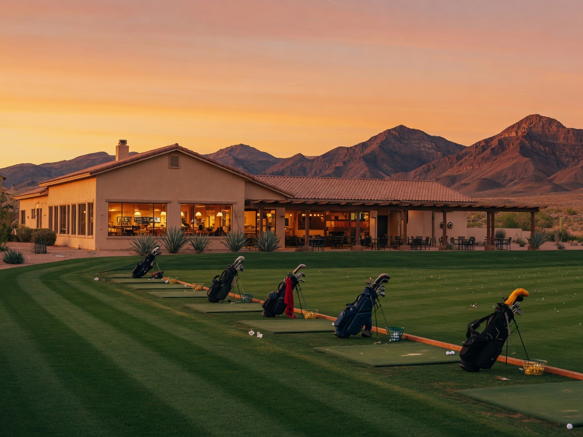 A golf course clubhouse and driving range at sunset with desert mountains in the background