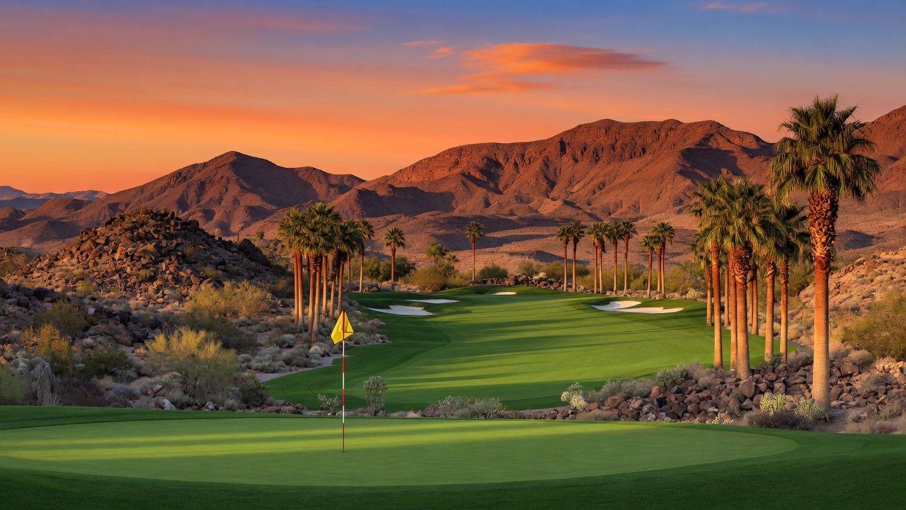 A lush green golf course fairway framed by desert mountains and palm trees at golden hour