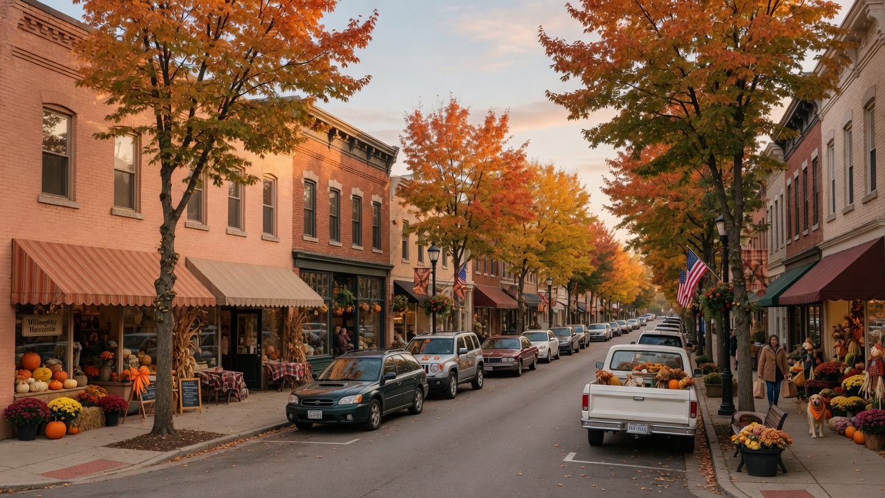 Charming downtown Willoughby Ohio with shops and restaurants along tree-lined streets