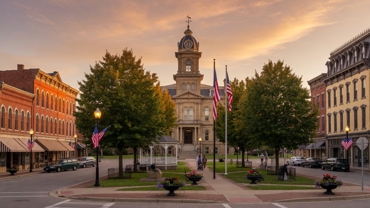 Historic Painesville Square with Victorian-era buildings and town center