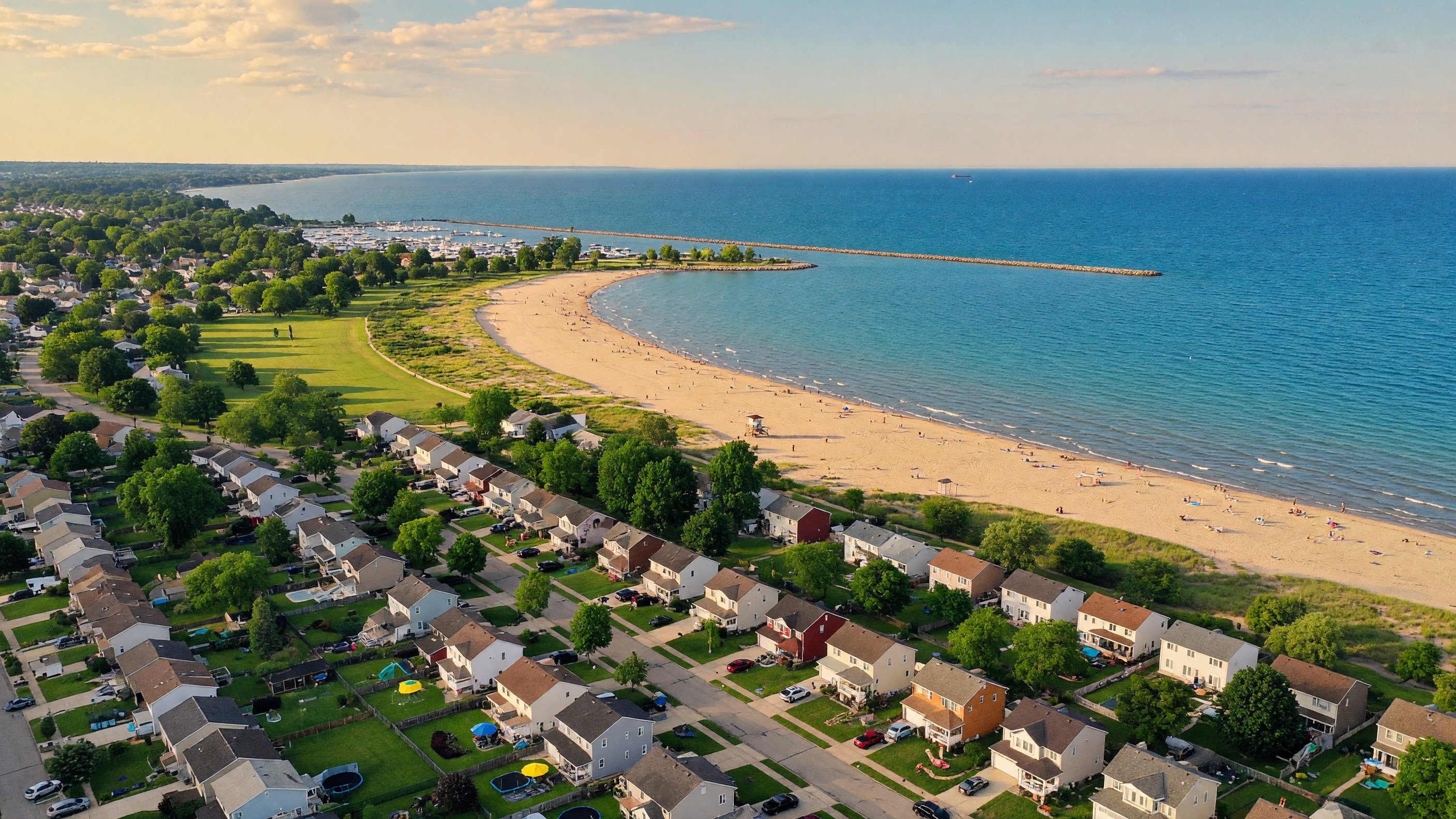 Aerial view of Mentor Ohio along Lake Erie with residential neighborhoods and beach