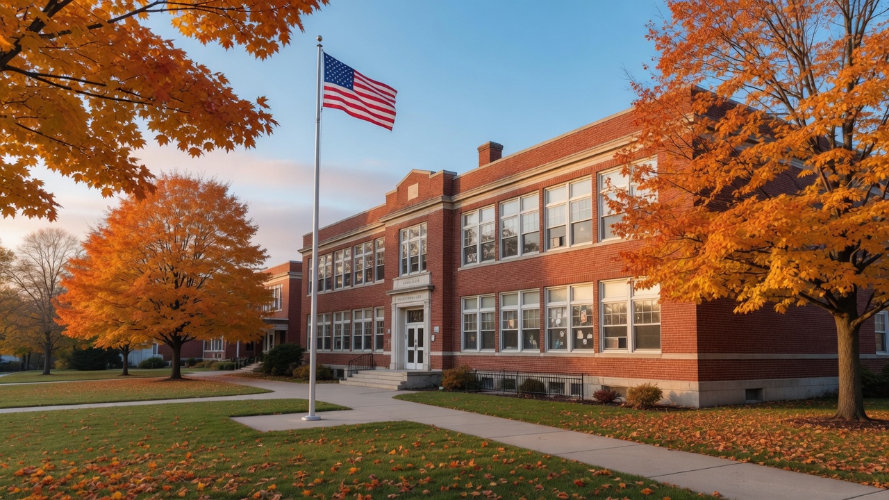 A charming suburban school building in Lake County Ohio surrounded by mature trees on a bright autumn morning