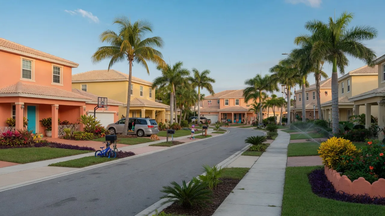 Suburban neighborhood in Davie Florida with modern homes and tropical landscaping