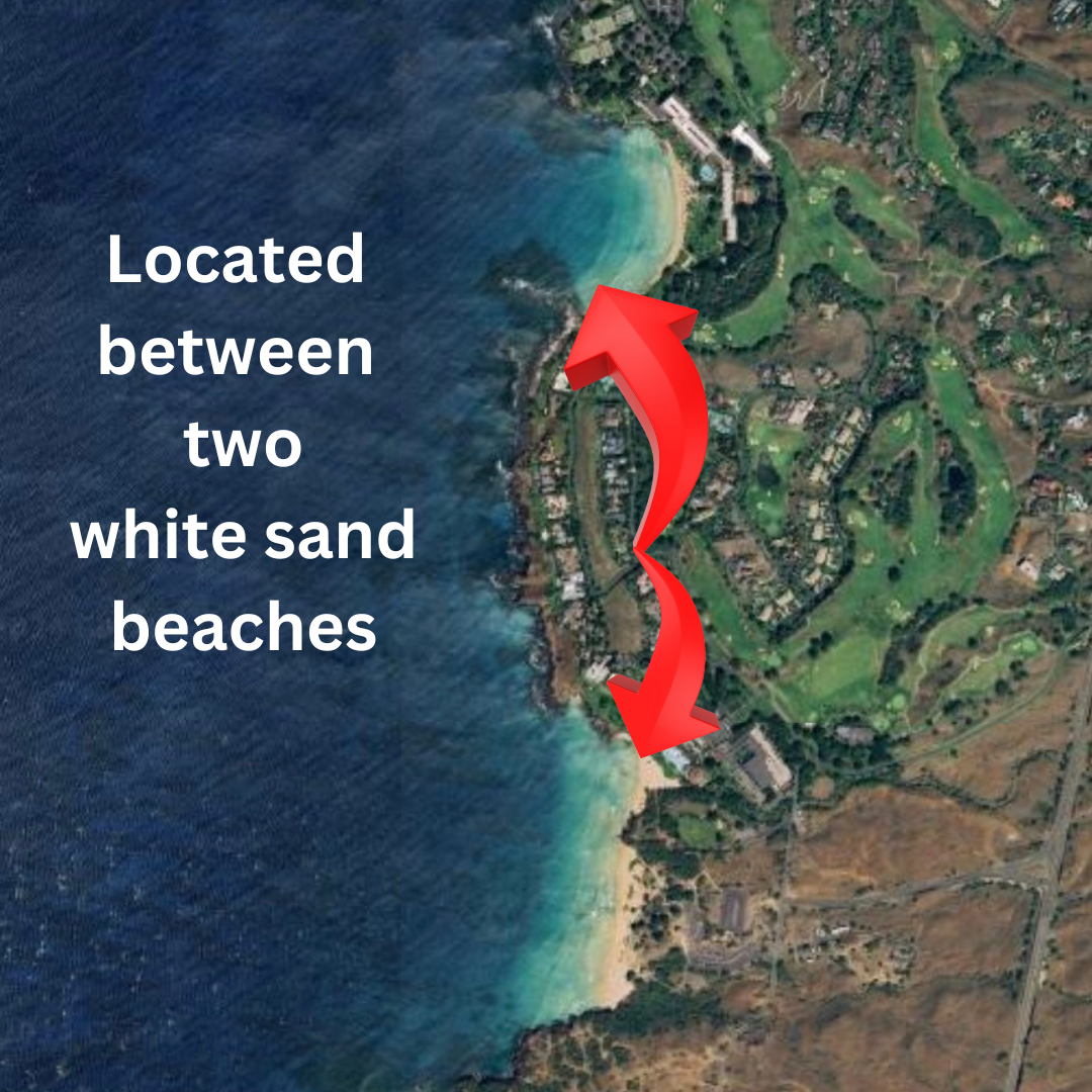 Aerial satellite map showing the location of Hale Kiekiena, perfectly positioned between Kaunaoa Beach and Hapuna Beach