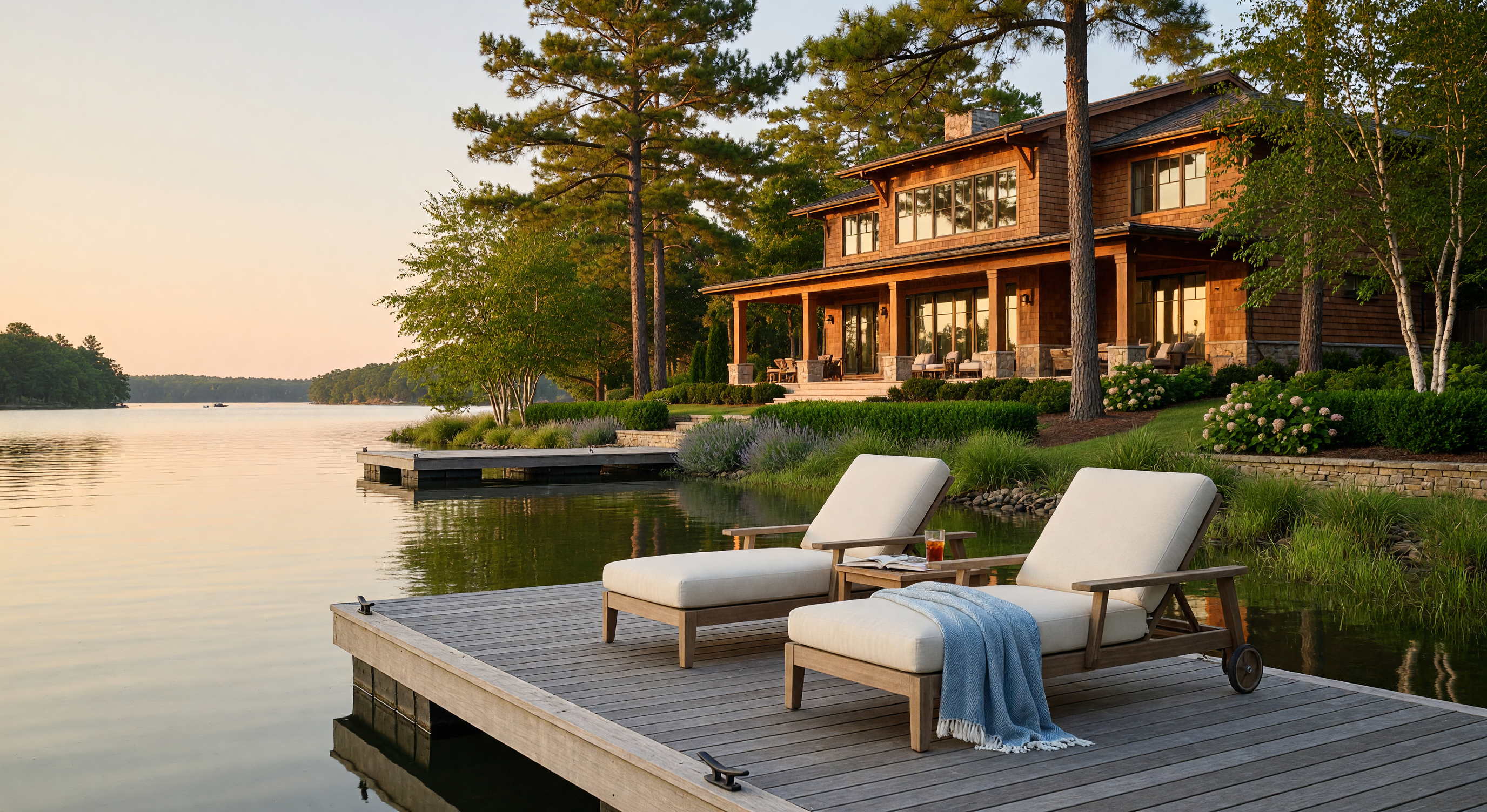 Stunning custom luxury waterfront home and private wooden dock on Lake Norman with comfortable lounge seating