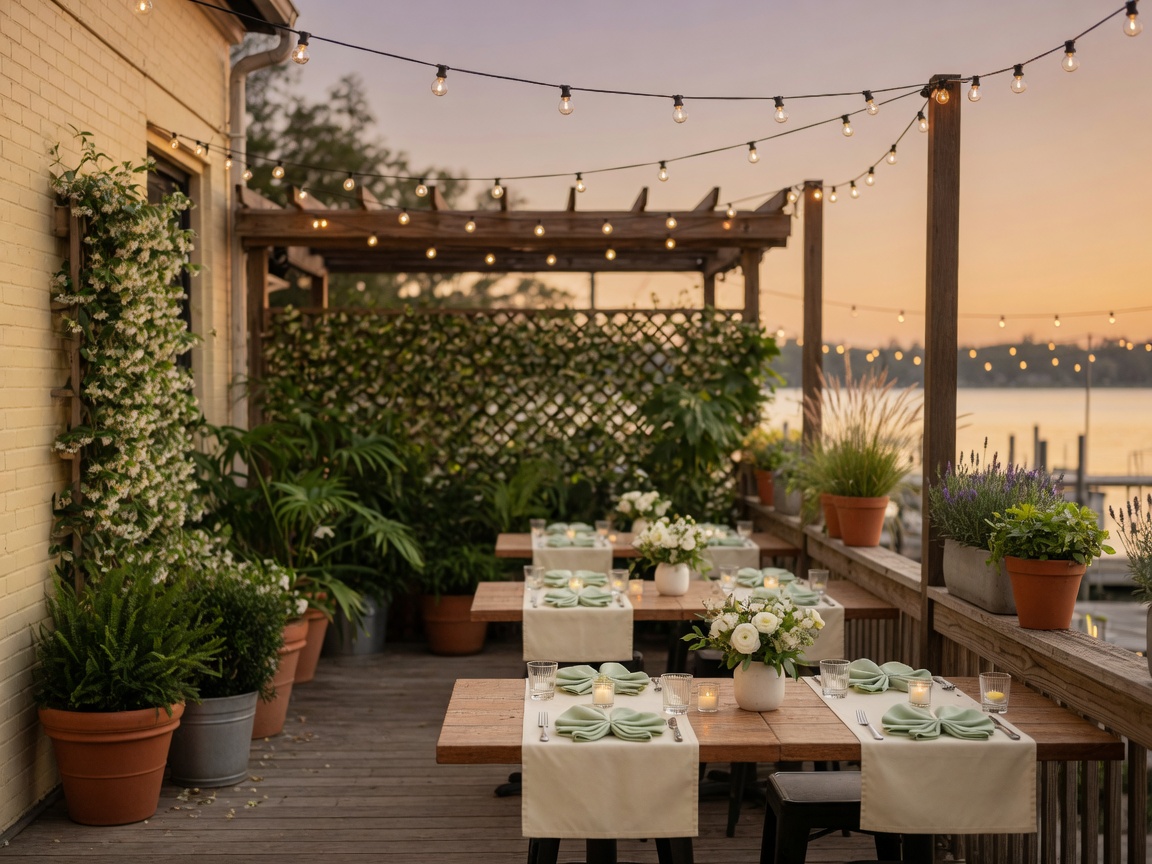 Stylish restaurant patio at golden hour with string lights, wooden tables, and warm evening atmosphere