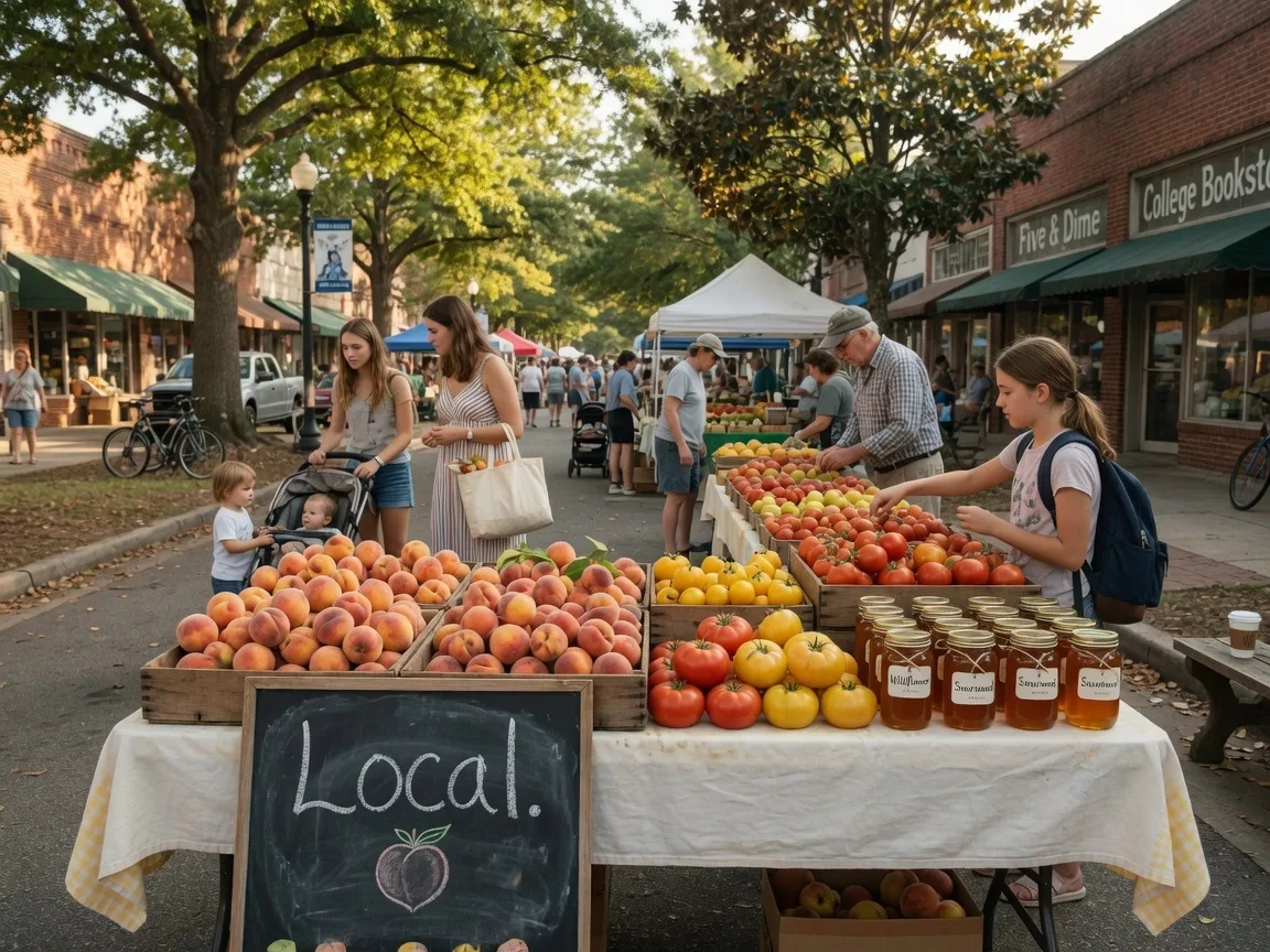Saturday morning farmers market with fresh produce, local honey jars, and families browsing outdoor stalls on a tree-lined street