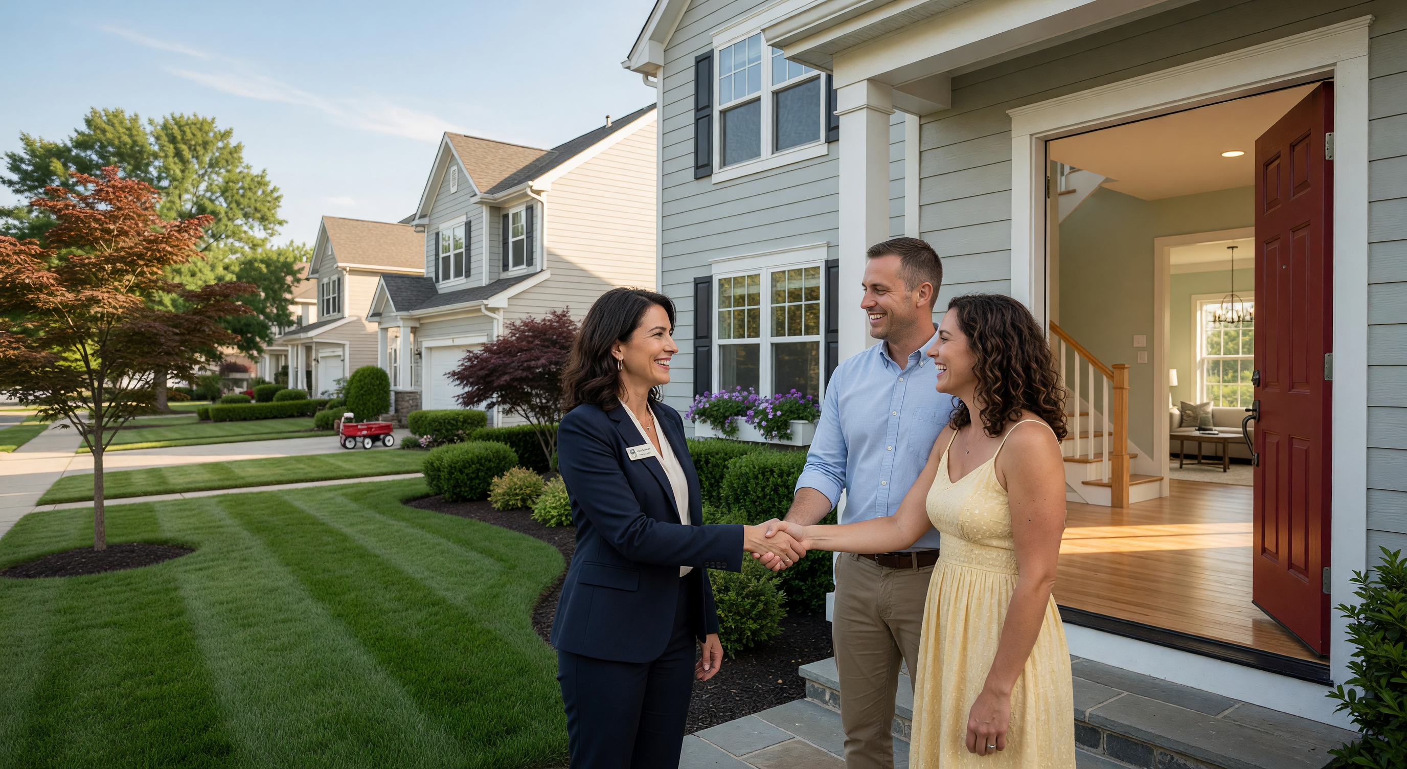 Real estate agent helping happy couple at their new home