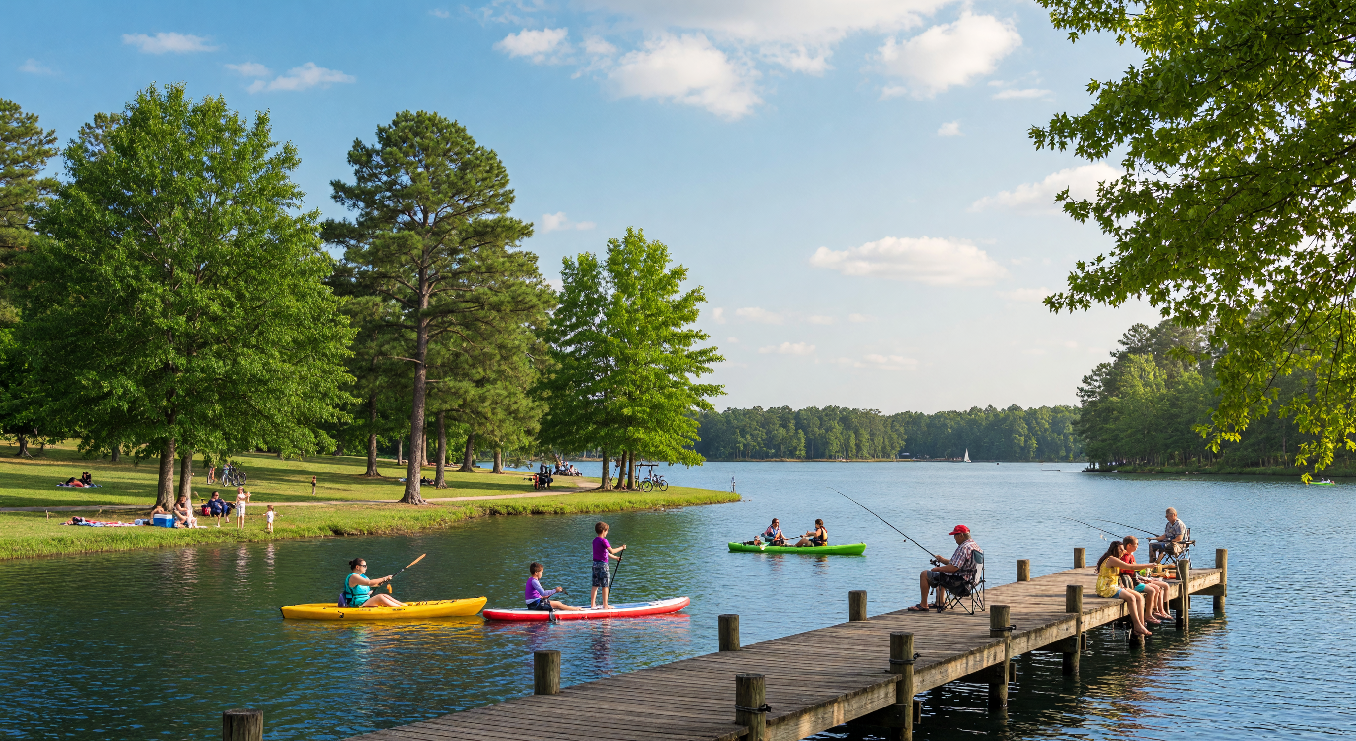 Beautiful lakeside park with wooden fishing pier at Lake Norman