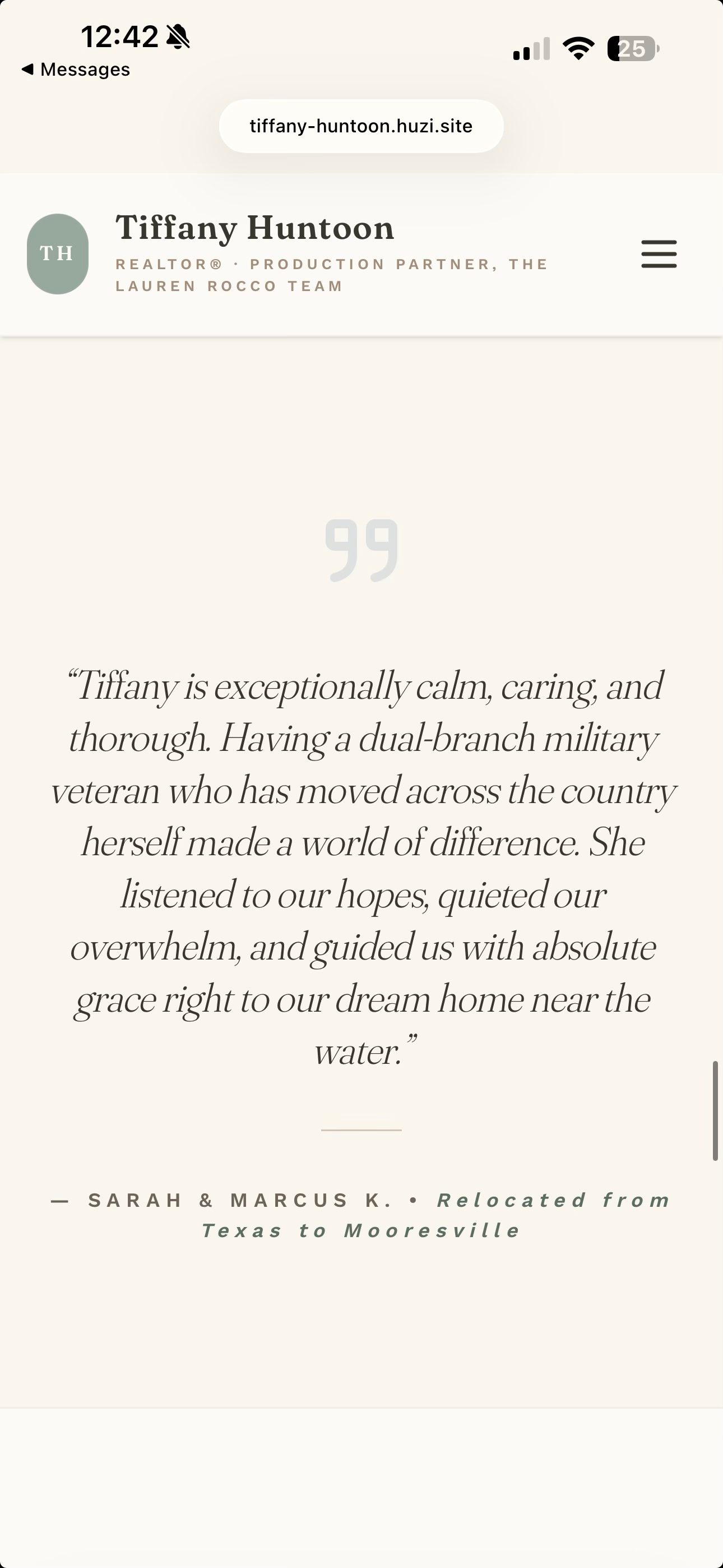 Client review screenshot praising Tiffany Huntoon's calm demeanor, kind-hearted guidance, thorough details, and deep relocation support