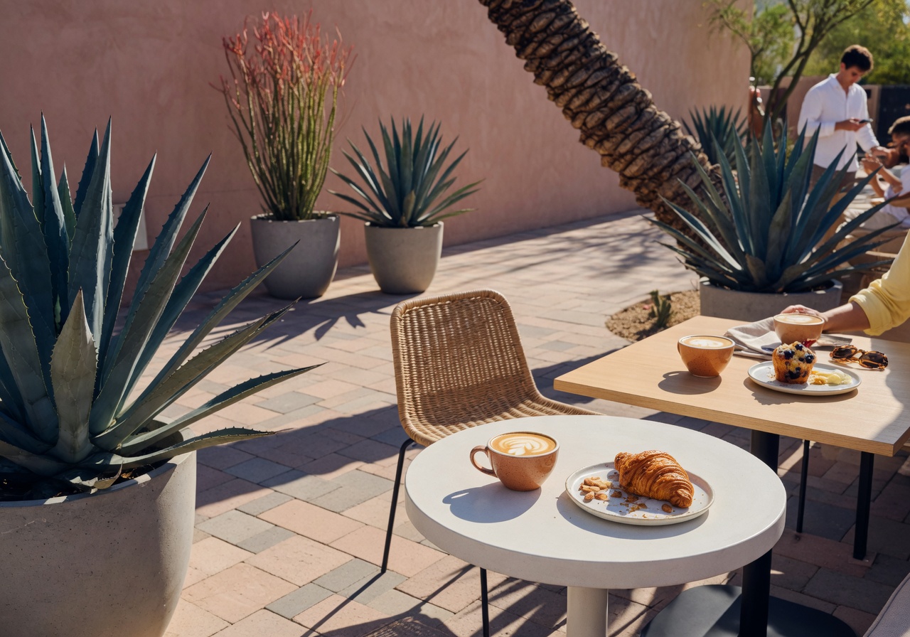 Seating area at a local Midtown Phoenix outdoor coffee patio
