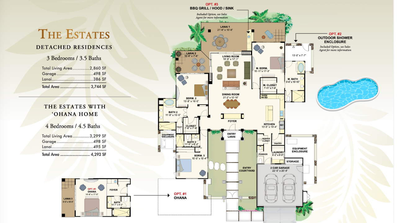 2D architectural floor plan of 62-3600 Amuai Pl #417 showing 4-bedroom layout with open great room, kitchen, dining area, covered lanai, pool deck, and optional Ohana guest suite.