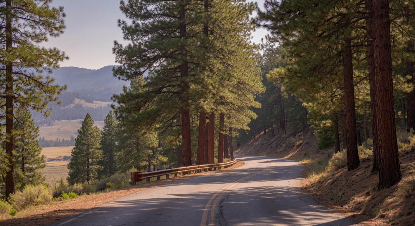 Scenic winding mountain road through pine forest near Lake Tahoe in Northern Nevada with Sierra Nevada mountain views