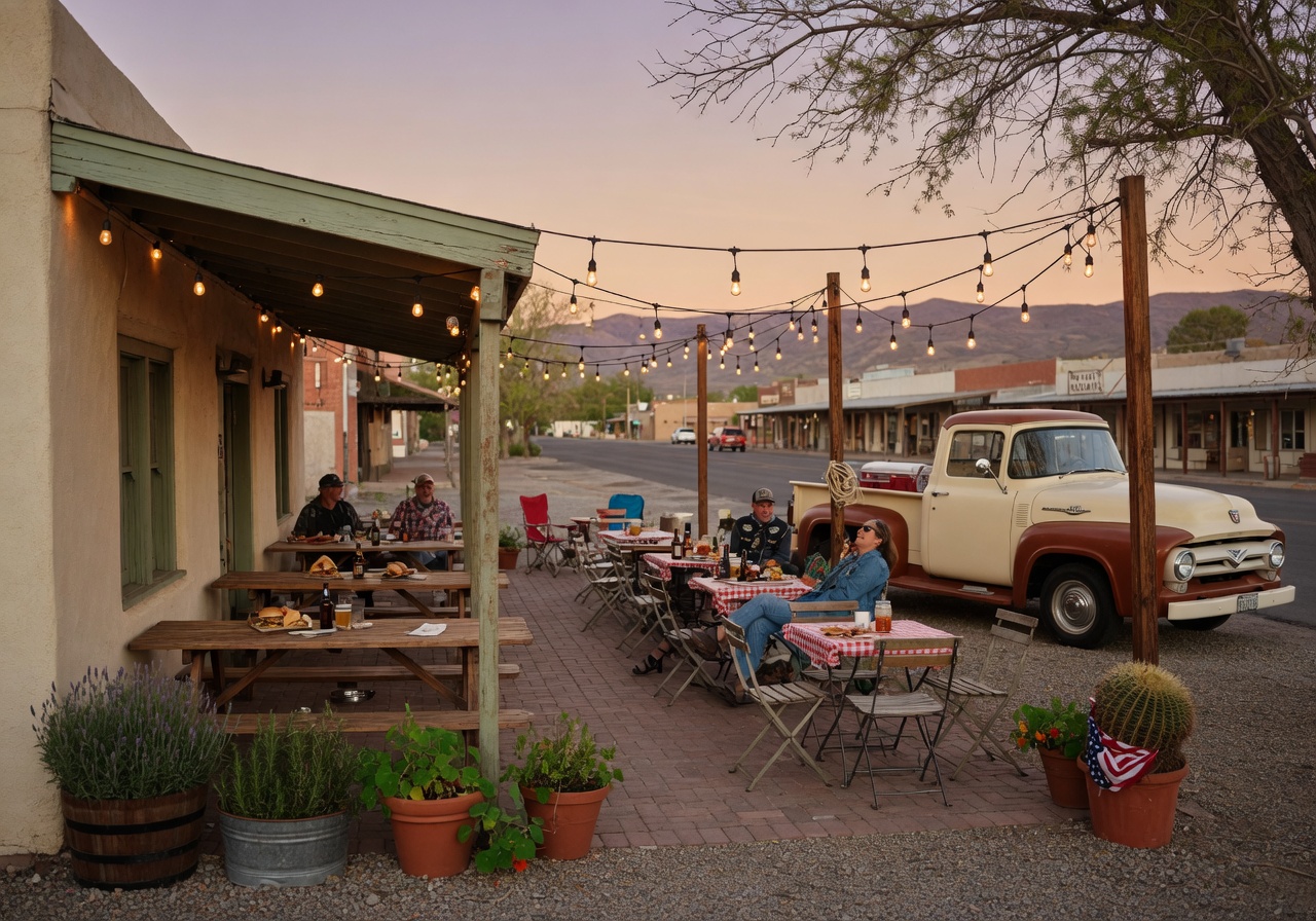 Car-friendly outdoor patio at a Northern Nevada restaurant with string lights, classic vehicles, and mountain scenery