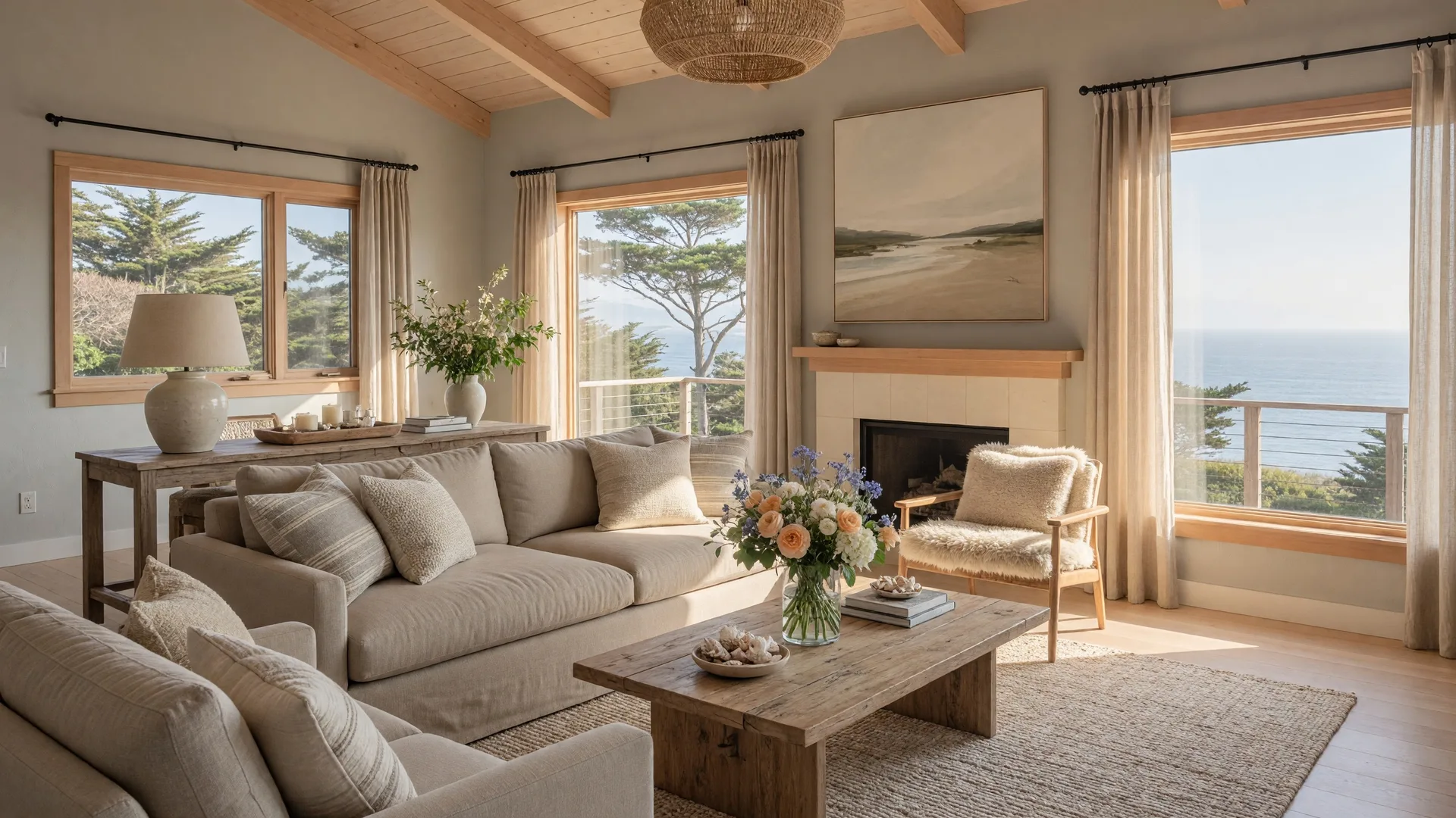 Brightly staged living room in a coastal Santa Cruz County home with natural light, neutral palette, and fresh flowers