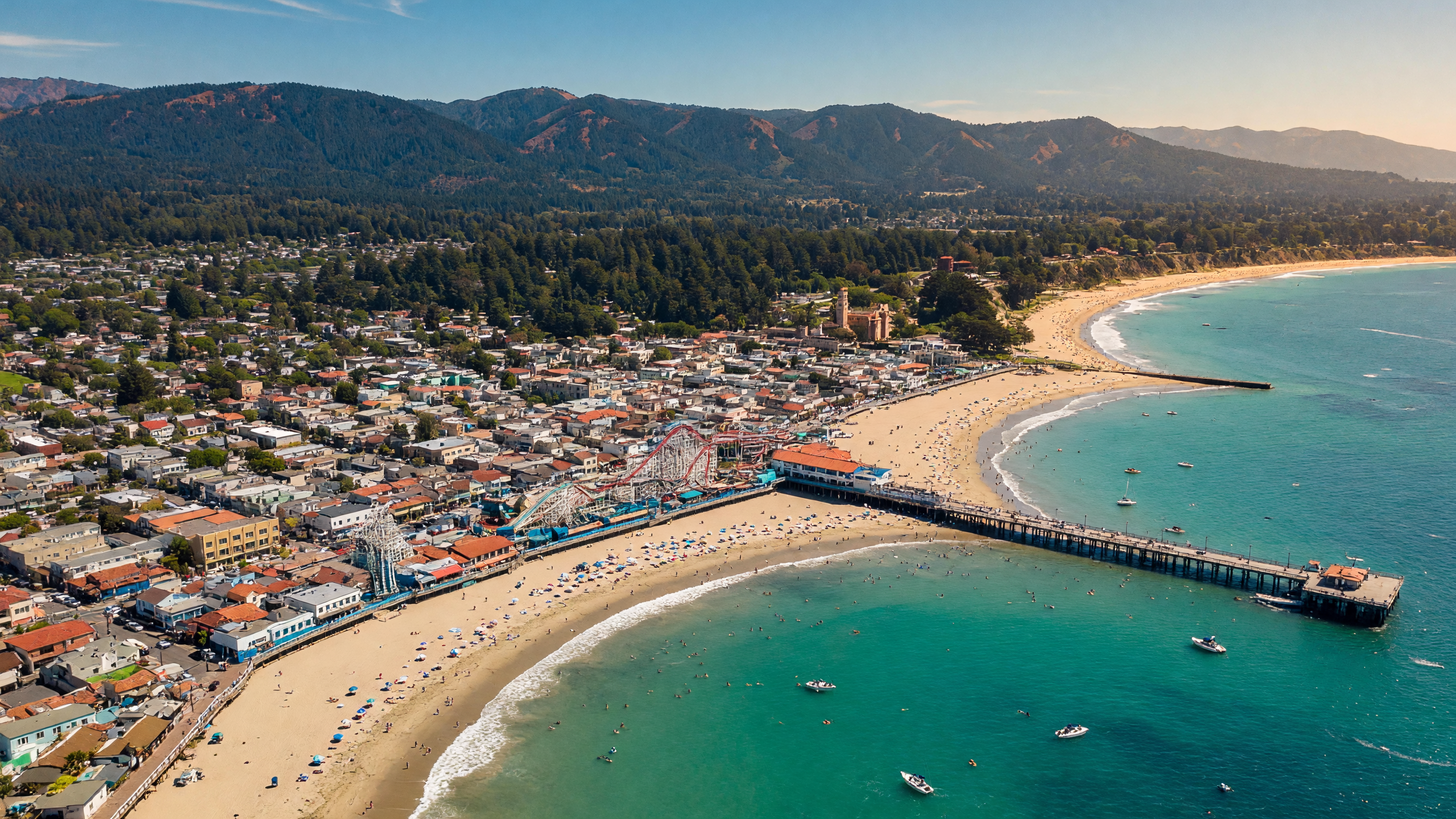 Aerial view of Santa Cruz California showing the beach boardwalk, wharf, downtown, turquoise Monterey Bay waters, and the Santa Cruz Mountains