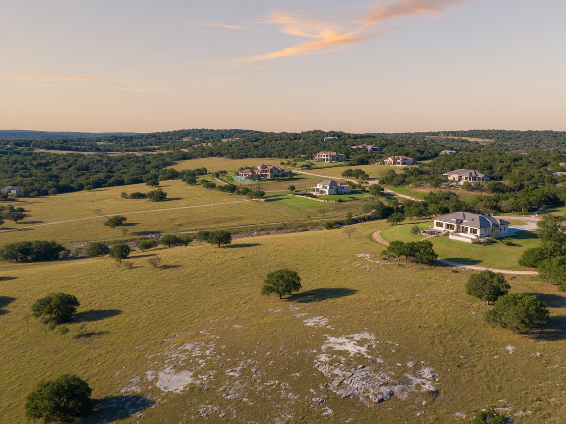Rolling Hill Country terrain with scattered oak trees on gently undulating grassland, showing the transition between open land and low-density residential development near Fair Oaks Ranch