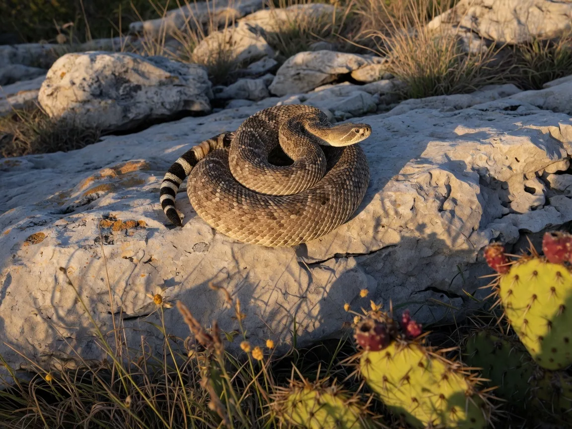 A western diamondback rattlesnake coiled on a limestone rock outcrop in the Texas Hill Country with prickly pear cactus and dry grass in the foreground