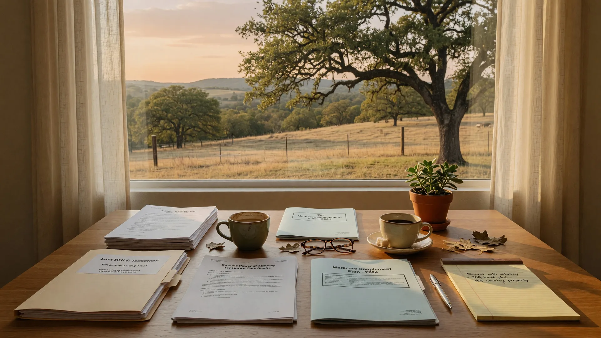 Estate planning documents and healthcare materials on a warm-lit table with a Texas Hill Country view through the window