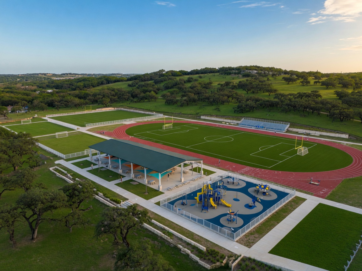 An overhead view of a modern Texas Hill Country school campus with athletic fields, a track, and covered pavilion surrounded by live oak trees and green hills