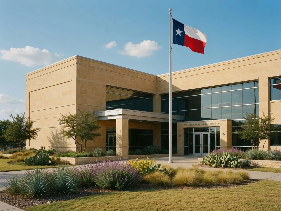 The exterior of a modern Texas Department of Public Safety office building with limestone facade and Texas state flag, where new residents go to obtain their driver's license