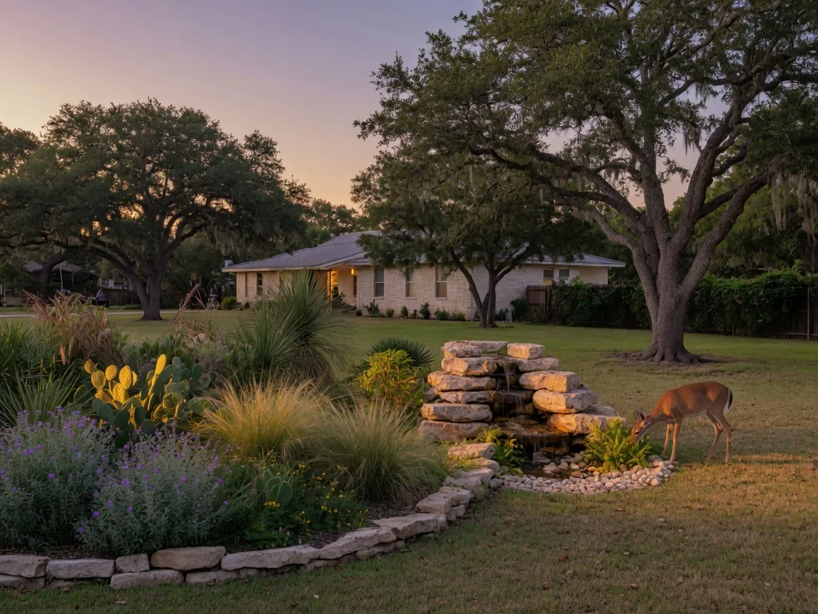 A peaceful Texas Hill Country residential property at dusk with deer-resistant native landscaping, a stone bird bath, and live oak trees silhouetted against a warm sunset sky